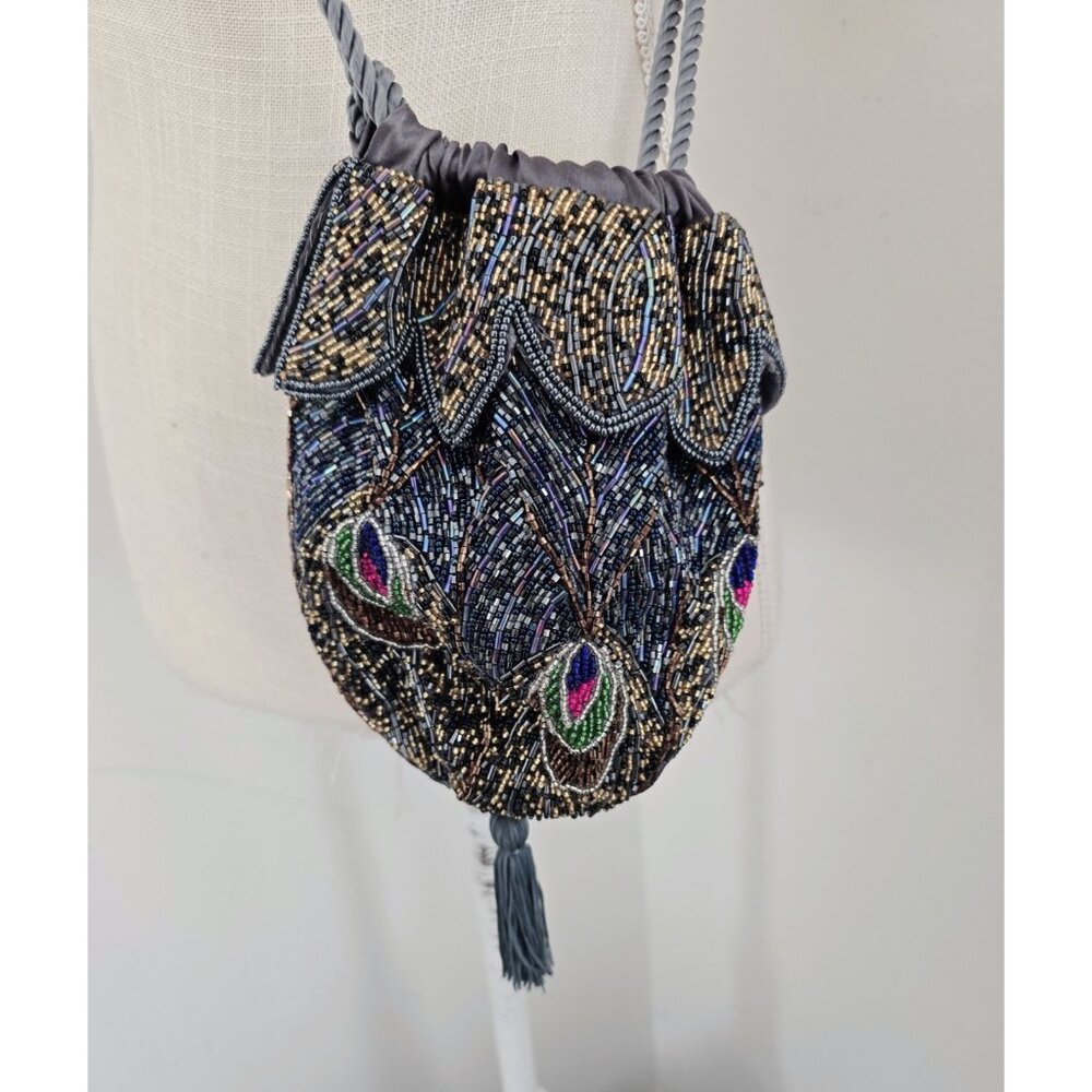 Peacock Beaded Satin Pouch Purse Crossbody Tapestry Strap Vintage Inspired Bird - Picture 11 of 11